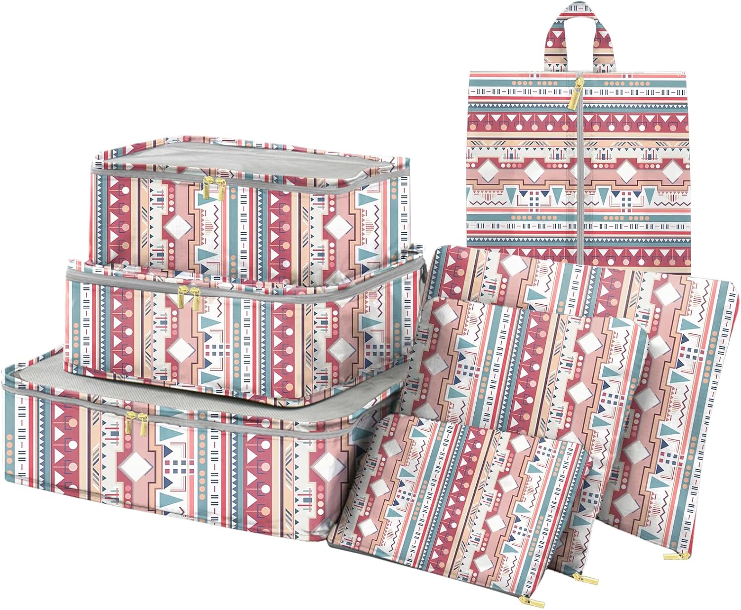 BHAHB 7 Set Packing Cubes Travel Luggage Organizers for Suitcase Travel Accessories with Shoe Bag for Girls Women Aesthetic Cute Boho Bohemian-Pink Blue