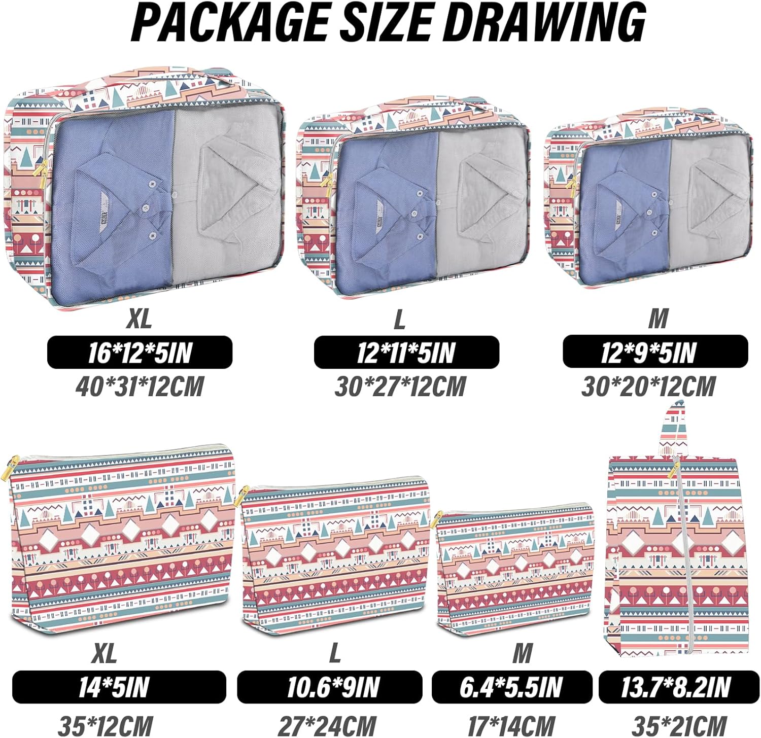 BHAHB 7 Set Packing Cubes Travel Luggage Organizers for Suitcase Travel Accessories with Shoe Bag for Girls Women Aesthetic Cute Boho Bohemian-Pink Blue - Image 2