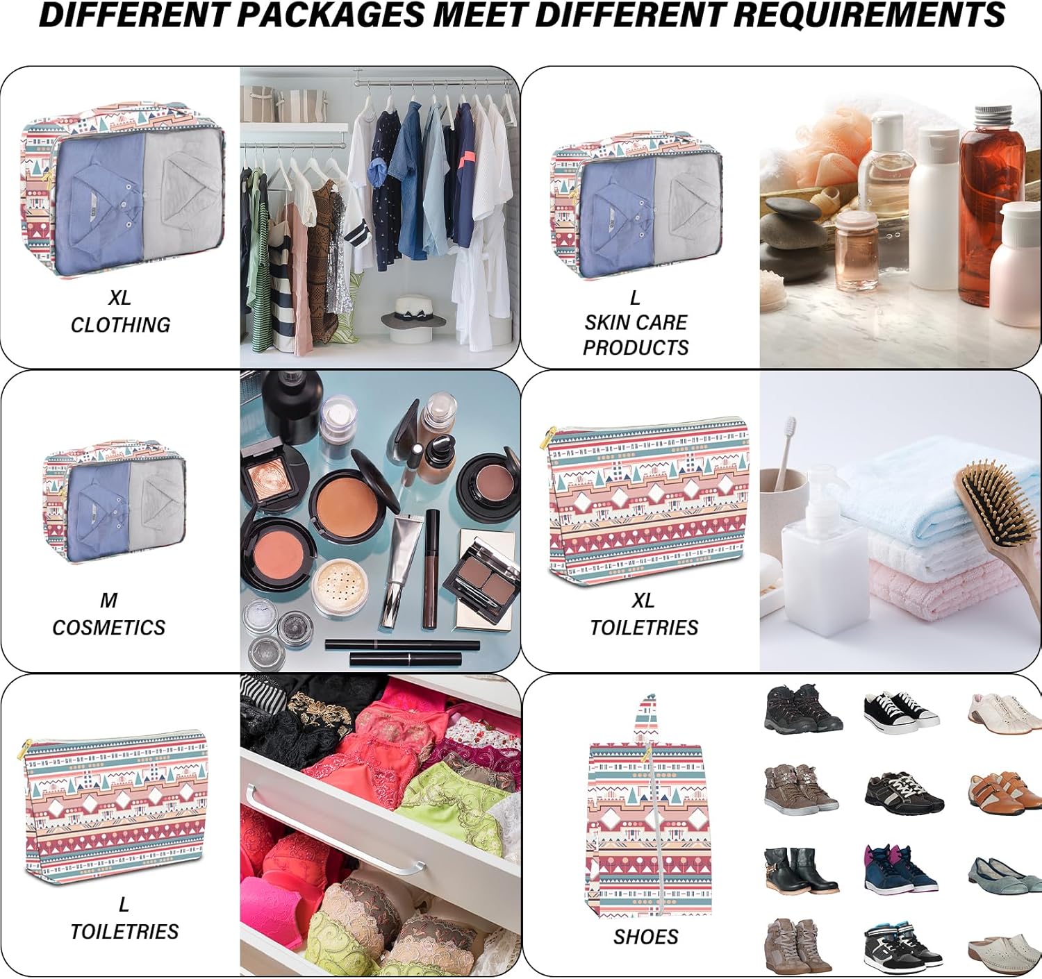 BHAHB 7 Set Packing Cubes Travel Luggage Organizers for Suitcase Travel Accessories with Shoe Bag for Girls Women Aesthetic Cute Boho Bohemian-Pink Blue - Image 3