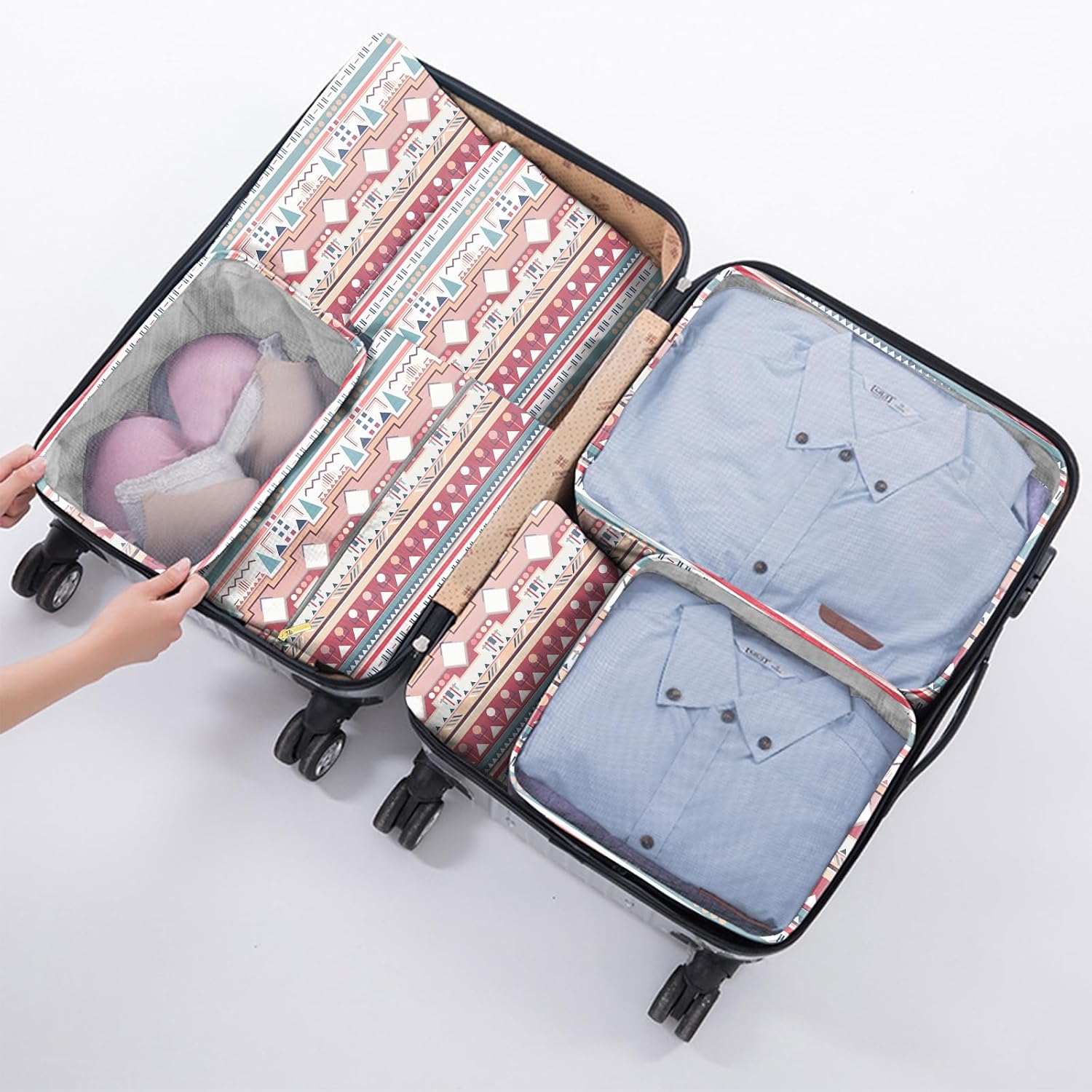 BHAHB 7 Set Packing Cubes Travel Luggage Organizers for Suitcase Travel Accessories with Shoe Bag for Girls Women Aesthetic Cute Boho Bohemian-Pink Blue - Image 4