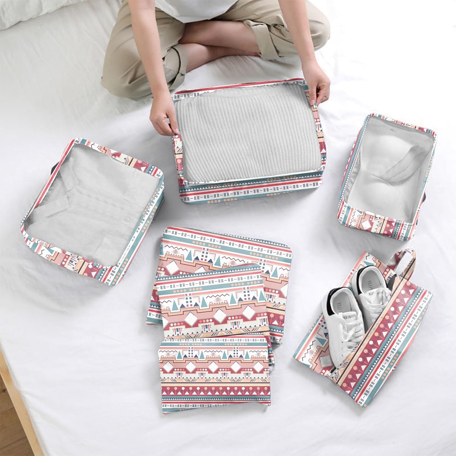 BHAHB 7 Set Packing Cubes Travel Luggage Organizers for Suitcase Travel Accessories with Shoe Bag for Girls Women Aesthetic Cute Boho Bohemian-Pink Blue - Image 6